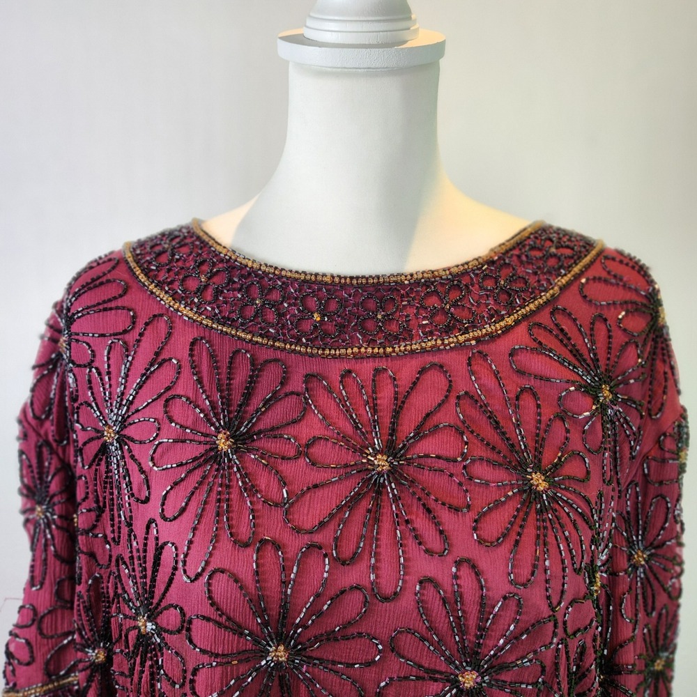 Adrianna Papell Vintage 100% Silk Beaded Top Womens 3X Floral Evening - Picture 2 of 11